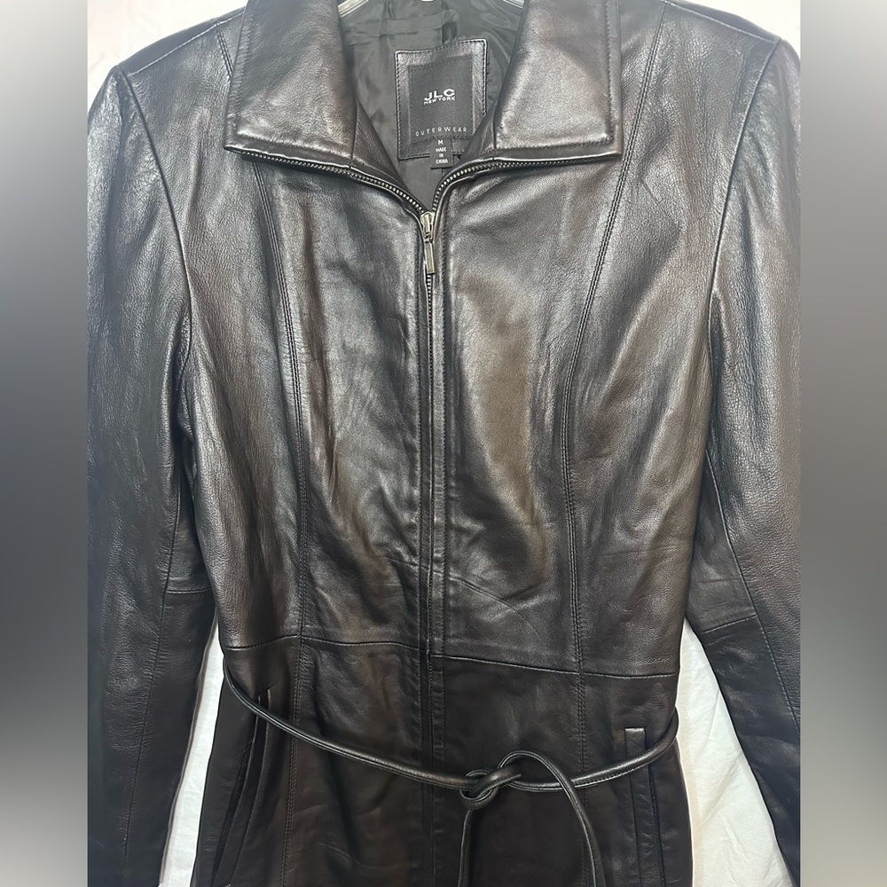 JLC New York Genuine Leather Belted Jacket Coat Black Size Medium - Picture 3 of 10